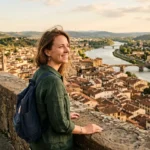Traveler enjoying one of the fun places to travel, overlooking an old city at sunset