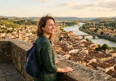 Traveler enjoying one of the fun places to travel, overlooking an old city at sunset