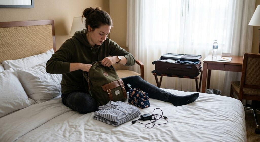 Traveler unpacking a small bag in a hotel room, an example of what to bring when staying overnight