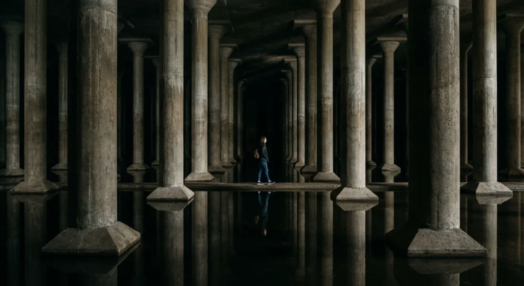 Visitor inside the Cistern at Buffalo Bayou Park, a unique thing to do in Houston