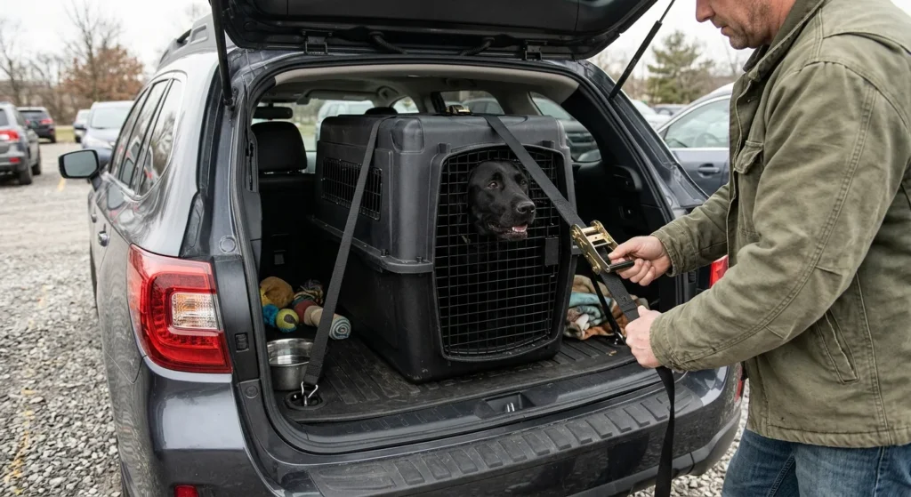 Dog travel crate strapped to cargo anchors in a station wagon