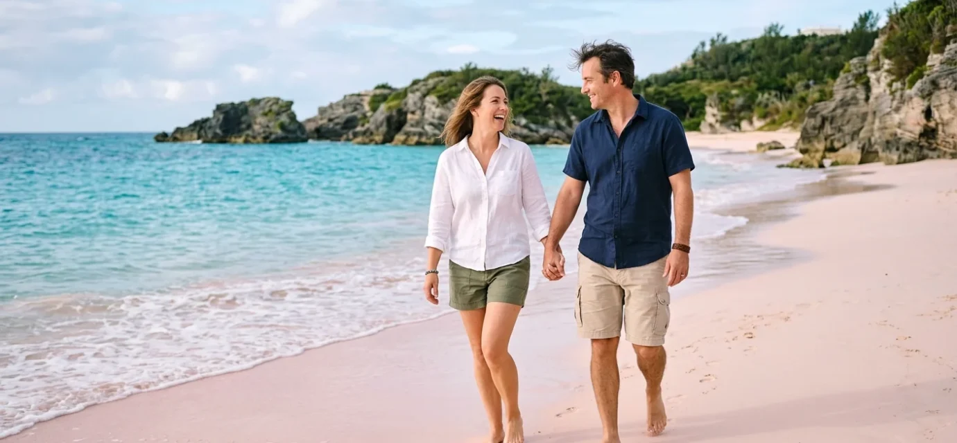 Couple walking on a pink-sand beach in Bermuda while planning whether Bermuda is expensive