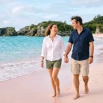Couple walking on a pink-sand beach in Bermuda while planning whether Bermuda is expensive
