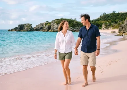 Couple walking on a pink-sand beach in Bermuda while planning whether Bermuda is expensive