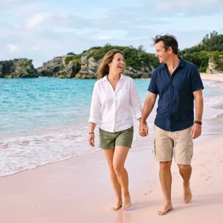 Couple walking on a pink-sand beach in Bermuda while planning whether Bermuda is expensive