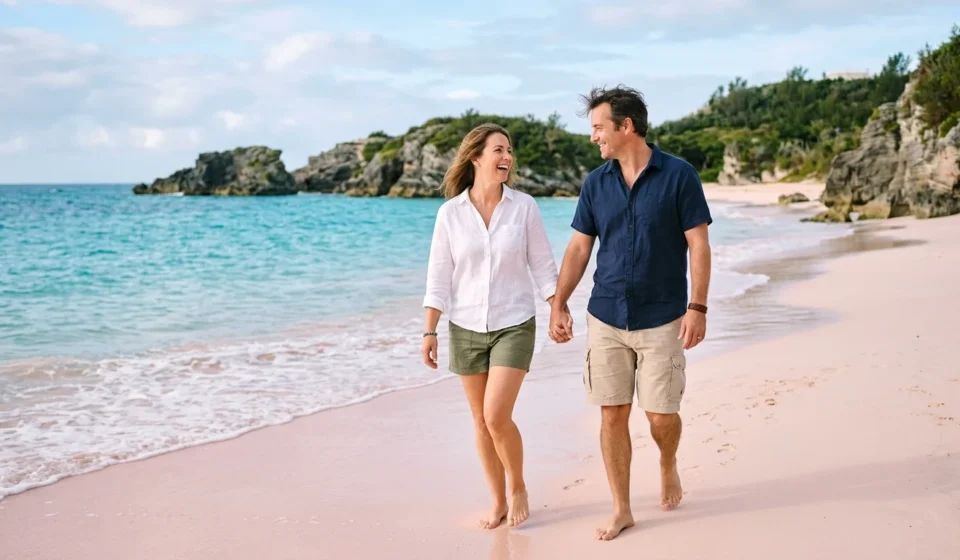 Couple walking on a pink-sand beach in Bermuda while planning whether Bermuda is expensive
