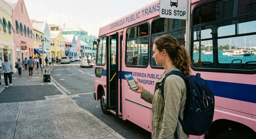 Traveler boarding a pink bus in Hamilton to keep Bermuda expensive transport costs down