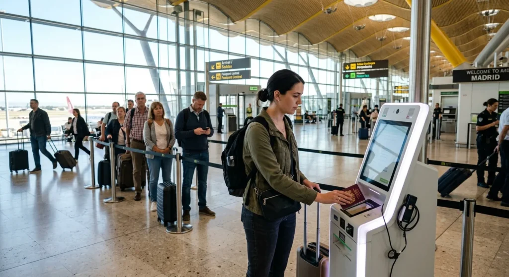 Passenger using a border kiosk, one step in checking whether it is safe to travel to Europe now