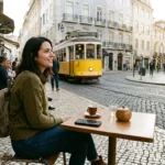Traveler at a café in Lisbon, a city where it is safe to travel to Europe now