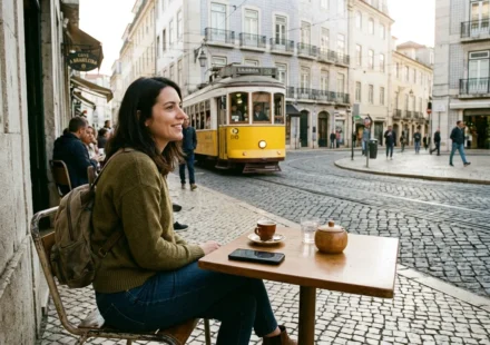 Traveler at a café in Lisbon, a city where it is safe to travel to Europe now