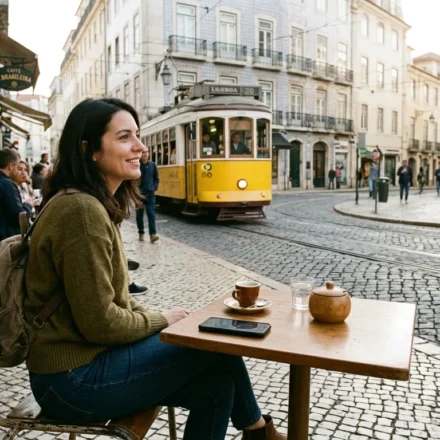 Traveler at a café in Lisbon, a city where it is safe to travel to Europe now