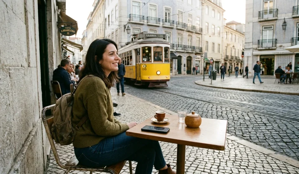 Traveler at a café in Lisbon, a city where it is safe to travel to Europe now