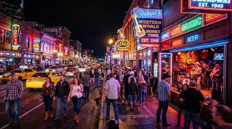 Neon honky-tonks on Broadway at night, a highlight of any Nashville itinerary