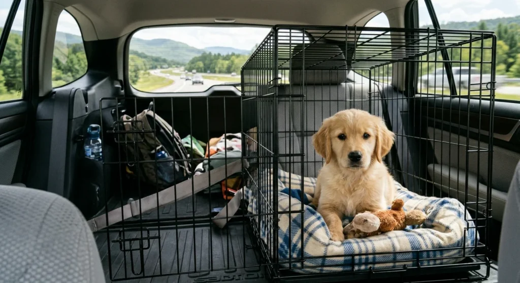 A cute golden retriever puppy sitting comfortably on a blue plaid dog bed inside a wire crate with a divider in the trunk of a car during a road trip