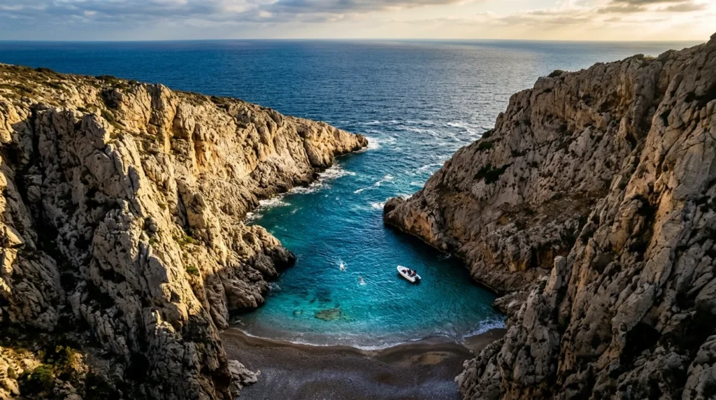 Stiniva beach on Vis island, a hidden pebble cove between two high cliffs in Croatia