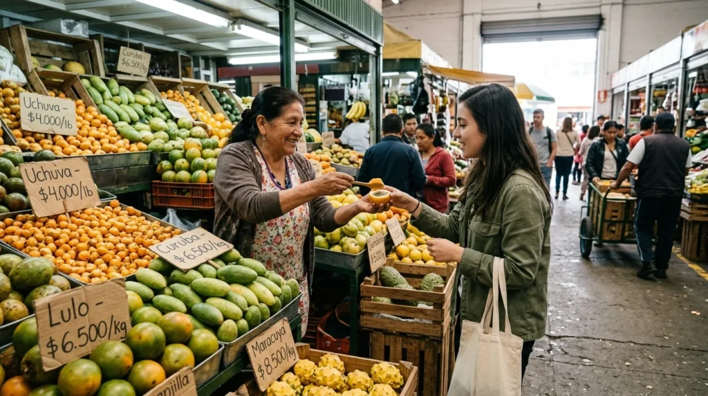 Vendor offering fruit at Paloquemao market, a favorite of things to do in Bogota for food lovers