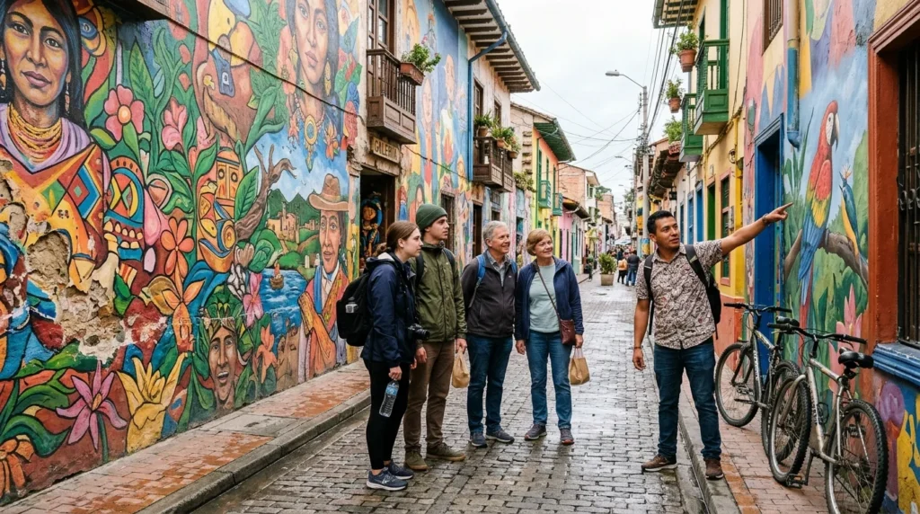 Guided graffiti tour in front of a mural, one of the top things to do in Bogota