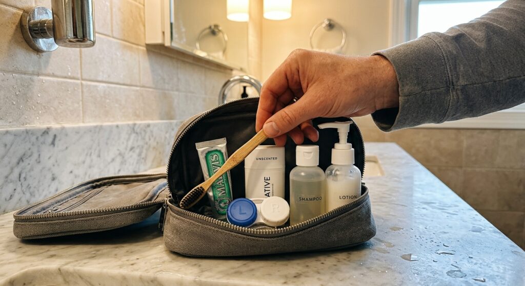 Small toiletry pouch packed with basics for what to bring when staying overnight