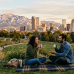 Denver skyline with the Rocky Mountains at sunset, one of the top things to do in Denver