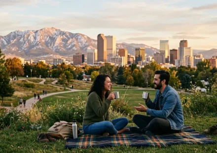 Denver skyline with the Rocky Mountains at sunset, one of the top things to do in Denver