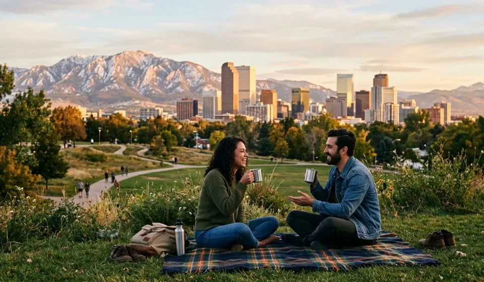 Denver skyline with the Rocky Mountains at sunset, one of the top things to do in Denver