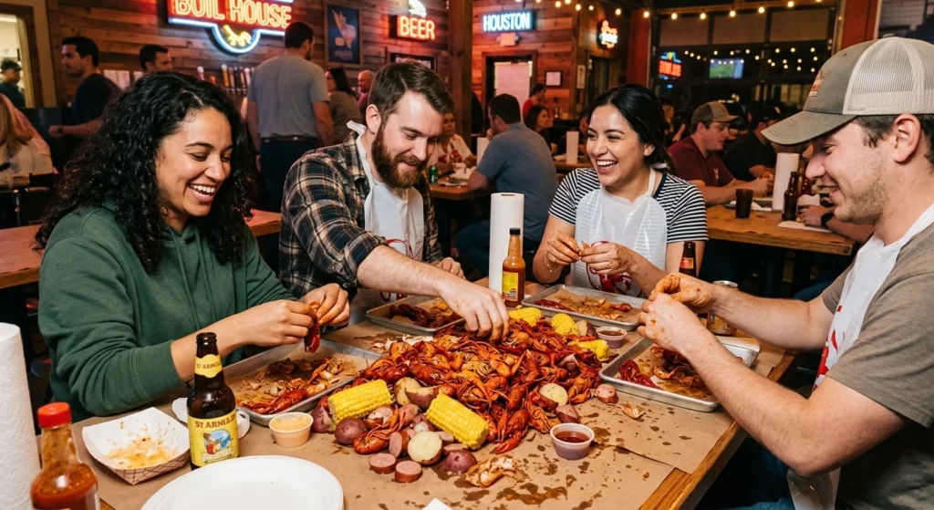 Friends sharing Viet-Cajun crawfish, one of the best things to do in Houston for food lovers