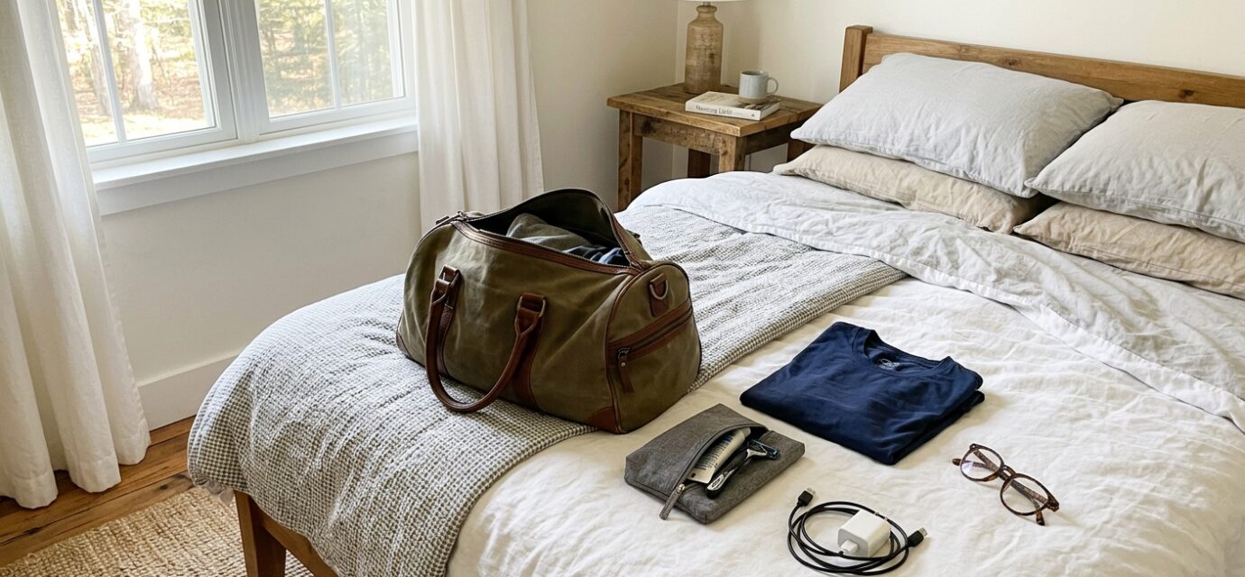 Packed overnight bag with essentials showing what to bring when staying overnight