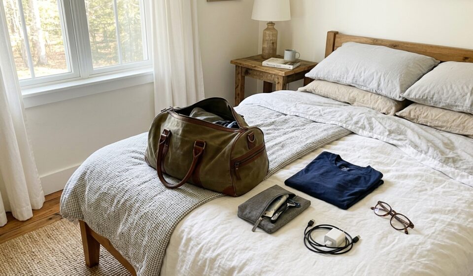Packed overnight bag with essentials showing what to bring when staying overnight
