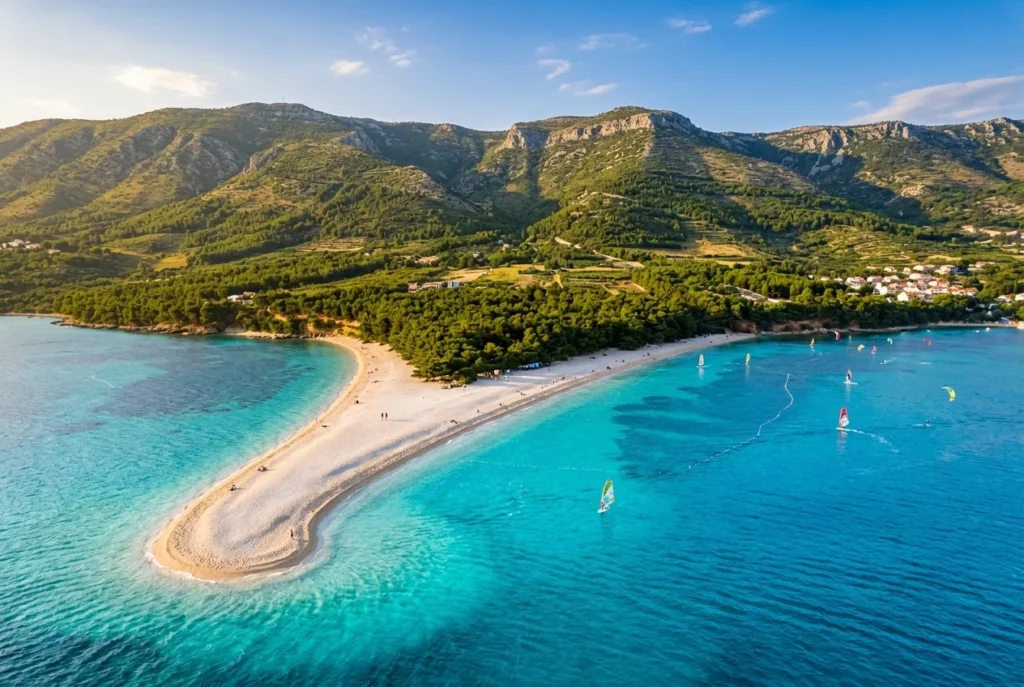 Aerial view of Zlatni Rat, a curved white pebble beach on Brač island in Croatia